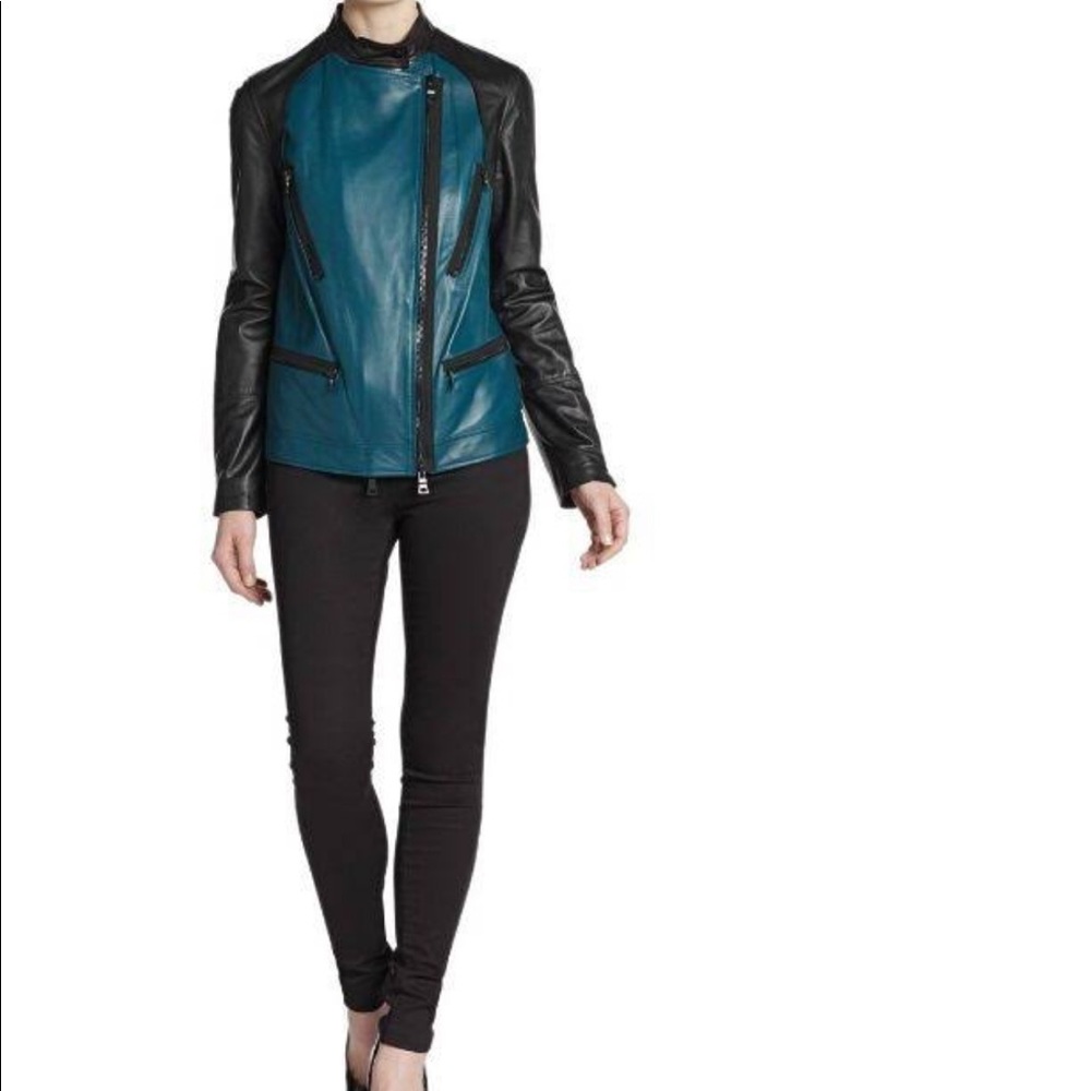 Robert Rodriguez teal and black leather jacket